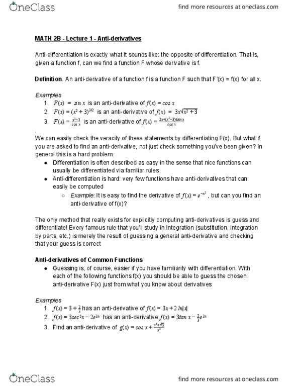MATH 2B Lecture Notes - Lecture 1: Antiderivative, Mean Value Theorem cover image