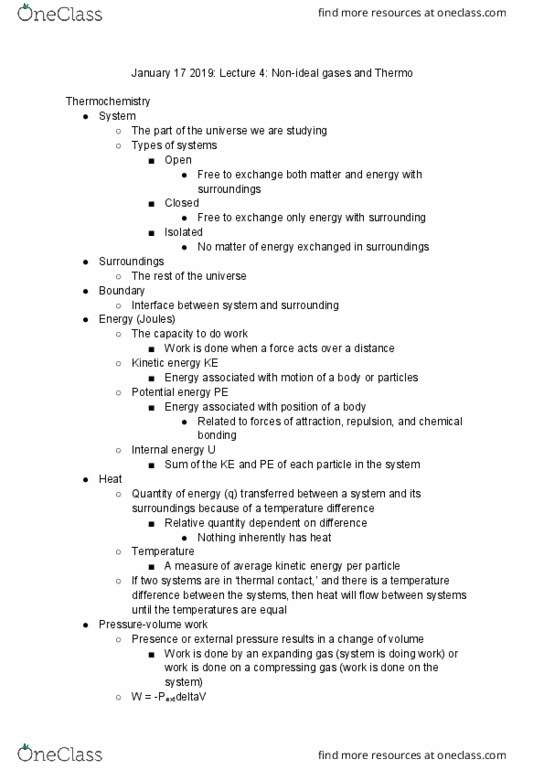 CHEM 120 Lecture Notes - Lecture 4: Kinetic Energy, Internal Energy, Potential Energy thumbnail