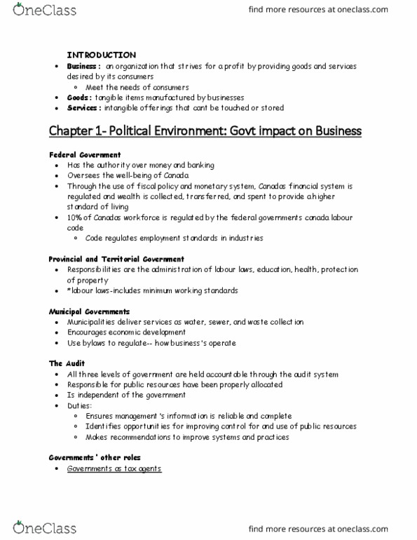 SGMA 217 Chapter Notes - Chapter 1: Canada Labour Code, Canada Health Transfer, Consumer Protection thumbnail