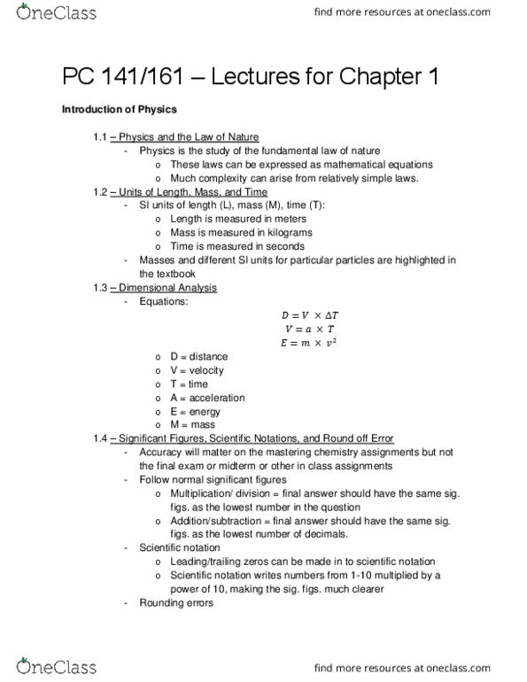 PC161 Lecture Notes - Lecture 1: Scientific Notation, Nature Physics, Significant Figures thumbnail