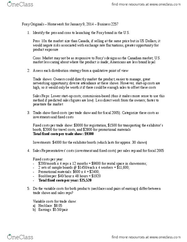 Business Administration 2257 Study Guide Spring 2013 Final Fixed Cost
