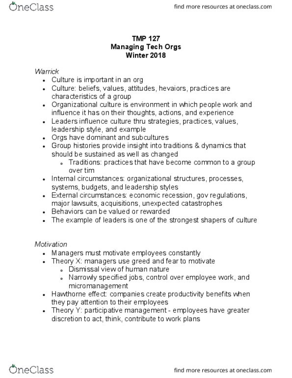 TMP 127 Lecture Notes - Lecture 8: Theory X And Theory Y, Organizational Culture thumbnail