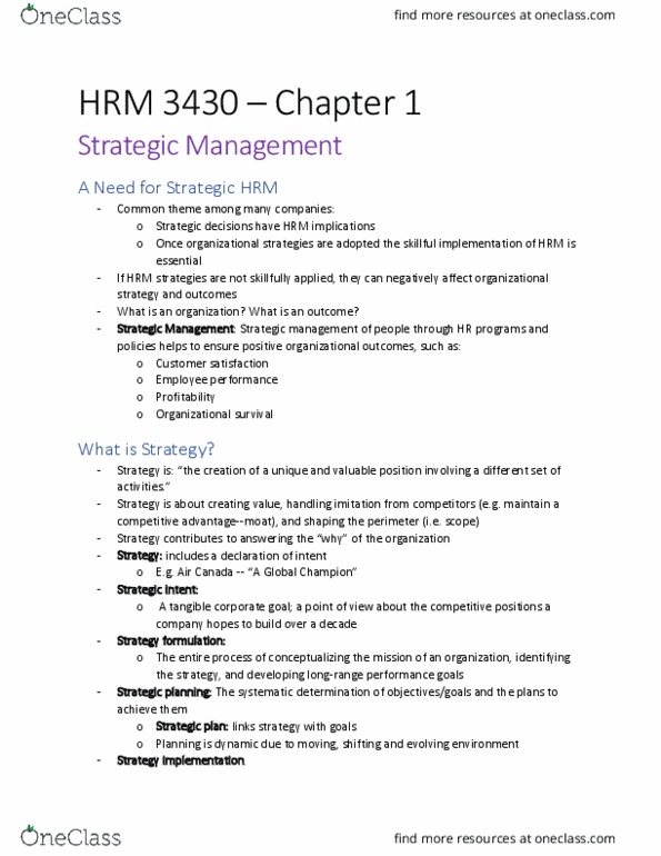 HRM 3430 Chapter Notes - Chapter 1: Strategic Planning, Strategic Management, Air Canada thumbnail