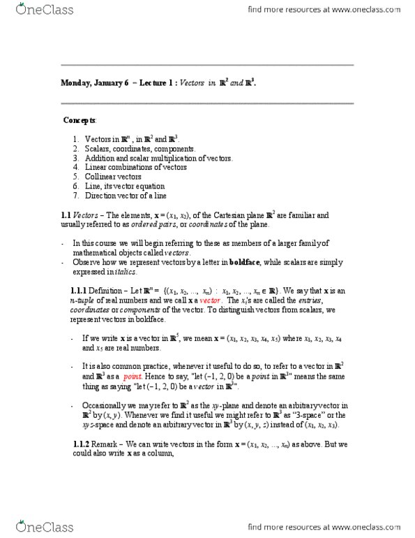 MATH136 Lecture Notes - Scalar Multiplication, Direction Vector, Linear Combination thumbnail