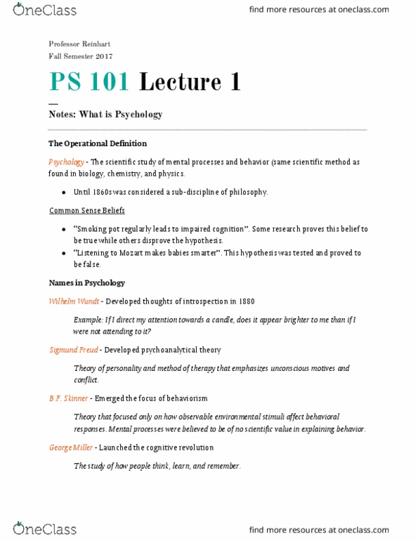 CAS PS 101 Lecture Notes - Lecture 1: Wilhelm Wundt, Sigmund Freud, Cognitive Revolution thumbnail