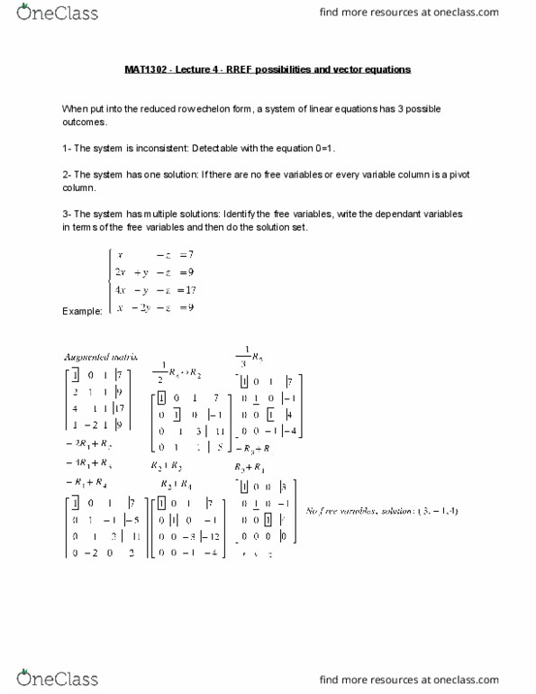MAT 1302 Lecture Notes - Lecture 4: Row Echelon Form, Solution Set, Linear Combination thumbnail