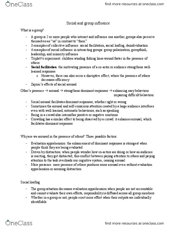 PSY220H1 Chapter Notes - Chapter 7: Social Loafing, Minority Influence, Group Polarization thumbnail