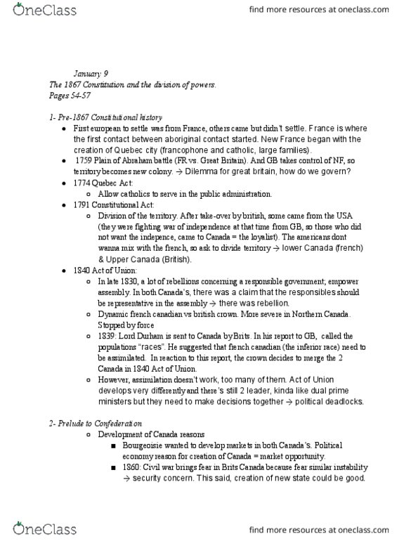 POL 2101 Lecture Notes - Lecture 2: Quebec Act, Northern Canada, Responsible Government thumbnail