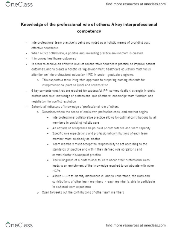 NURSING 2P03 Lecture 3: Interprofessional team practice is being promoted as a holistic means of providing cost effective healthcare thumbnail