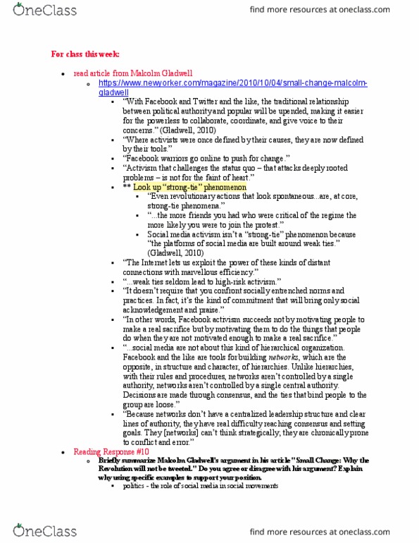 DCOM 1003 Lecture Notes - Lecture 12: Malcolm Gladwell, Media Activism, Critical Theory thumbnail