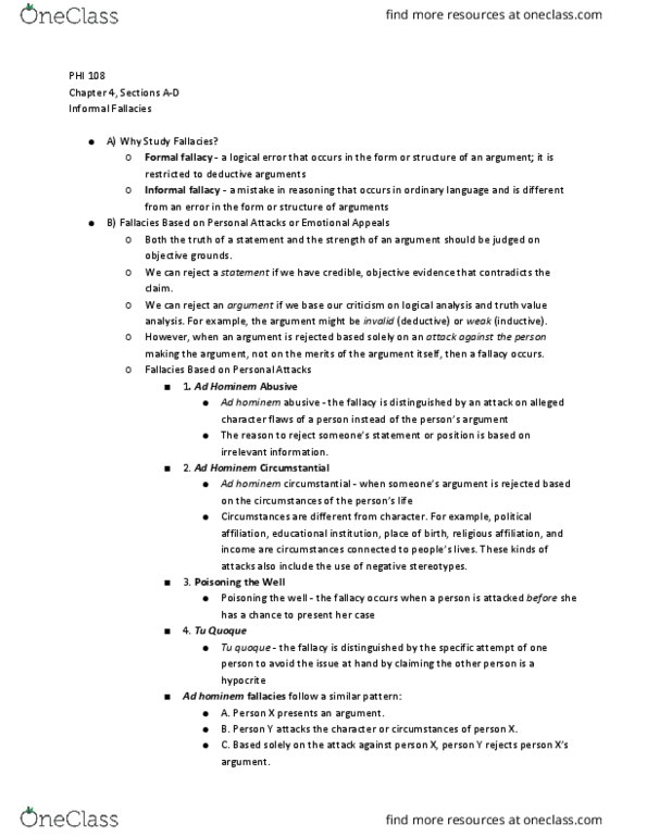 PHI 108 Chapter 4: Informal Fallacies, Sections A-D thumbnail