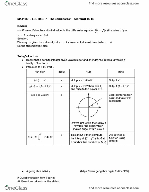 MAT136H1 Lecture Notes - Lecture 7: Antiderivative, Unit Circle cover image