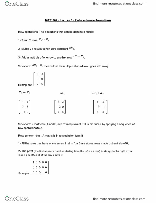 MAT 1302 Lecture Notes - Lecture 3: Row Echelon Form, Coefficient, Augmented Matrix thumbnail