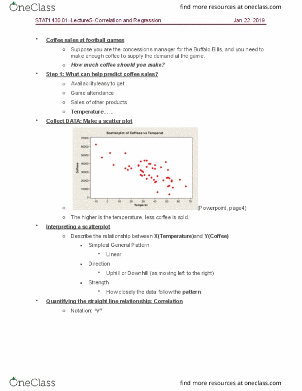 STAT 1430 Lecture Notes - Lecture 5: Scatter Plot, Simple Linear Regression, Pearson Product-Moment Correlation Coefficient cover image
