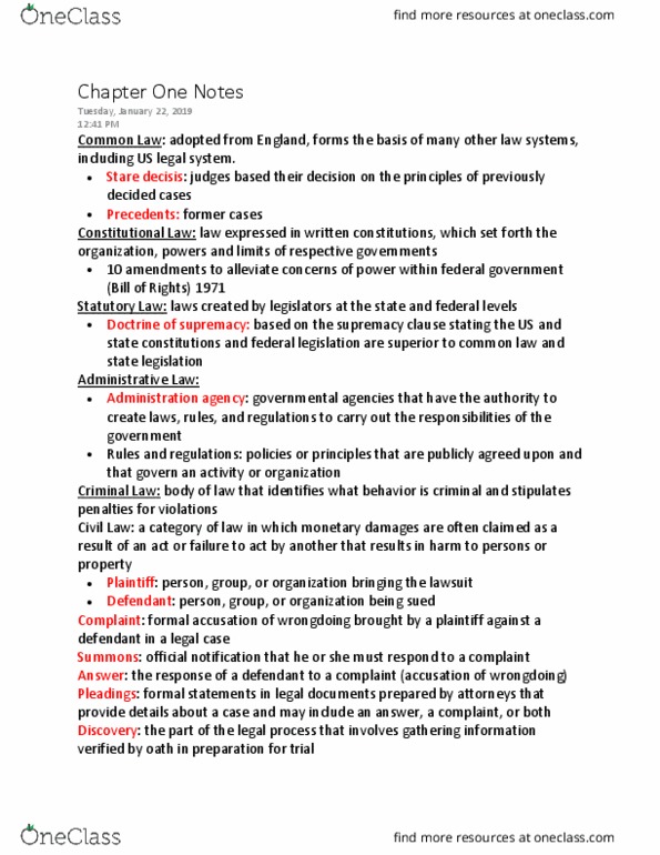 SMGT 3861 Chapter Notes - Chapter 1: Precedent, Supremacy Clause, Interrogatories thumbnail