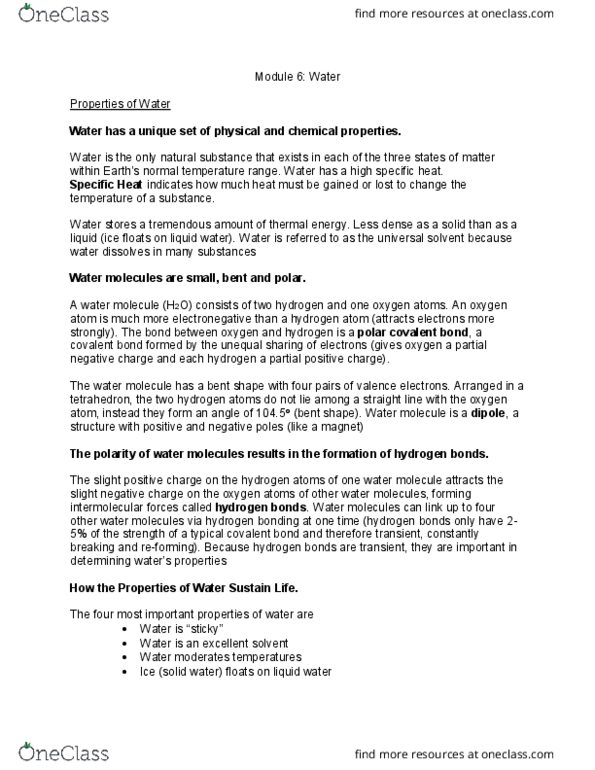 BI110 Chapter Notes - Chapter 6: Chemical Polarity, Hydrogen Bond, Intermolecular Force thumbnail