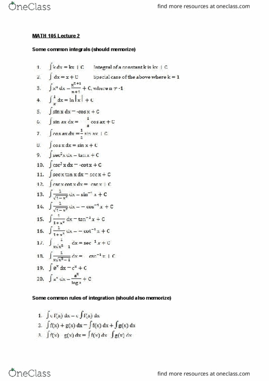MATH 105 Lecture Notes - Lecture 2: Antiderivative cover image