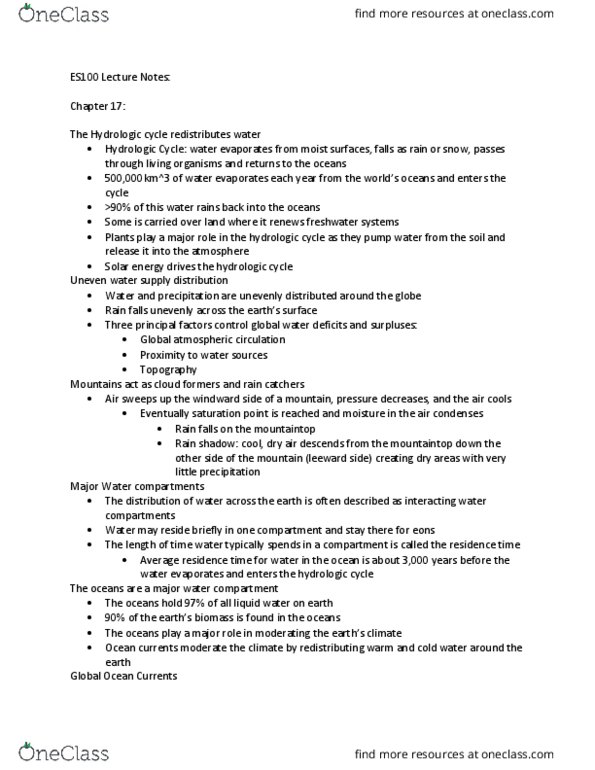 ES 100 Lecture Notes - Lecture 9: Water Cycle, Rain Shadow, Water Scarcity thumbnail