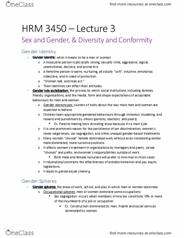 HRM 3450 Lecture Notes - Lecture 3: Sex Segregation, Gender Identity, Gender Role thumbnail