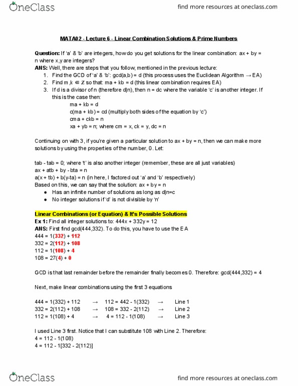 MATA02H3 Lecture Notes - Lecture 6: Prime Number, Euclidean Algorithm, Linear Combination thumbnail