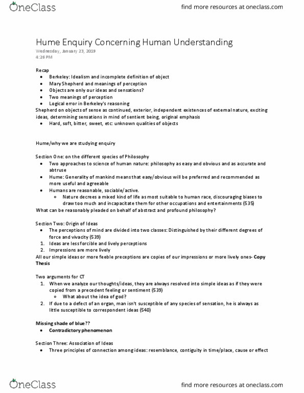 PHL210Y1 Lecture 3: Hume Enquiry Concerning Human Understanding thumbnail