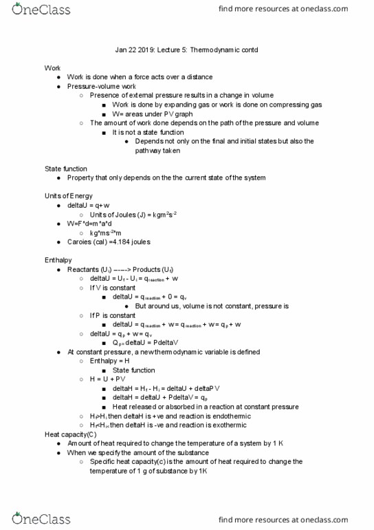 CHEM 120 Lecture Notes - Lecture 5: Thermodynamic State, State Function, Heat Capacity thumbnail