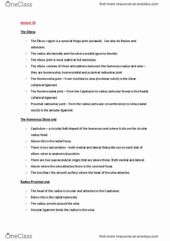 HUBS1105 Lecture Notes - Lecture 10: Proximal Radioulnar Articulation, Ulnar Collateral Ligament Of Elbow Joint, Annular Ligament Of Radius thumbnail