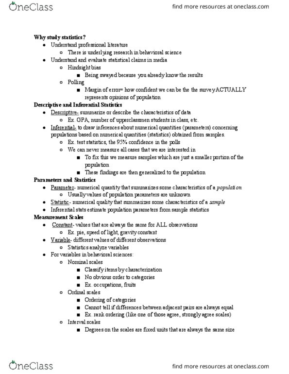 PSYC 2000 Lecture Notes - Lecture 1: Hindsight Bias, Behavioural Sciences, Level Of Measurement thumbnail