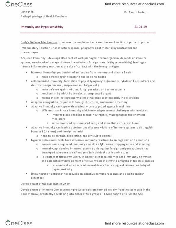 HSS 3305 Lecture Notes - Lecture 5: Mantoux Test, Adaptive Immune System, Cytotoxic T Cell thumbnail