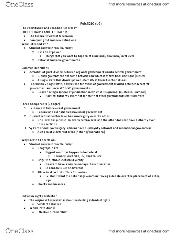 POLS 3210 Lecture Notes - Lecture 2: Dual Loyalty, Canadian Federalism, Individual And Group Rights thumbnail