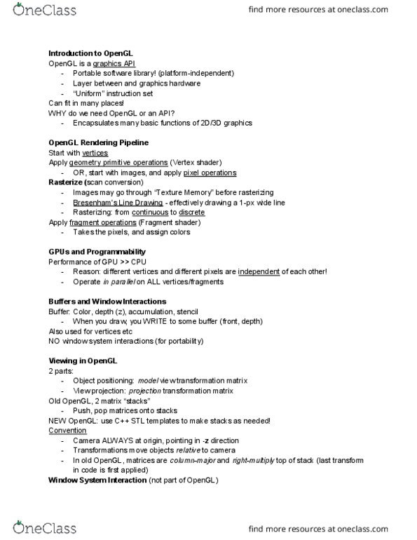 CSE 167 Lecture Notes - Lecture 6: Opengl, Instruction Set, Network Packet thumbnail