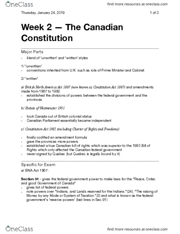 Political Science 3331F/G Lecture Notes - Lecture 2: Constitution Act, 1867, Section 33 Of The Canadian Charter Of Rights And Freedoms, Freedom Of Movement thumbnail