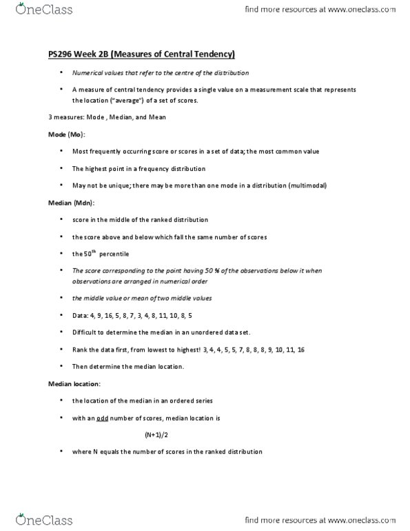 PS296 Lecture Notes - Lecture 2: Level Of Measurement, Frequency Distribution, Central Tendency thumbnail