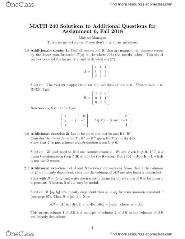 MATH 240 Lecture Notes - Lecture 14: Linear Map, Gaussian Elimination thumbnail