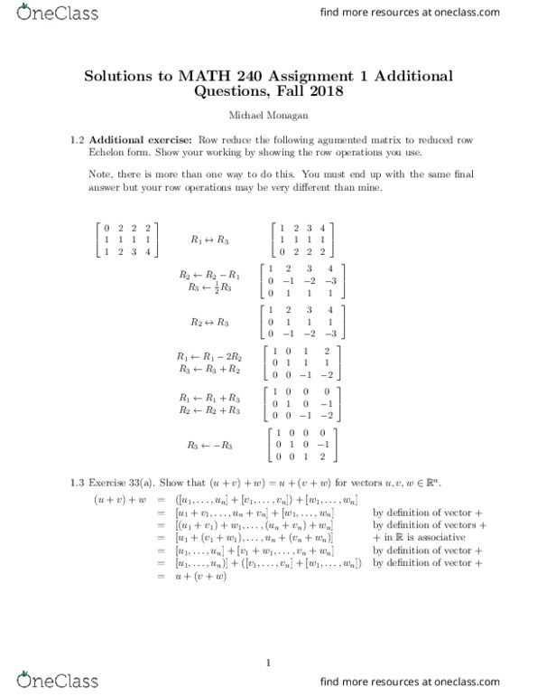 MATH 240 Lecture Notes - Lecture 13: Gaussian Elimination, Row Echelon Form, Augmented Matrix thumbnail