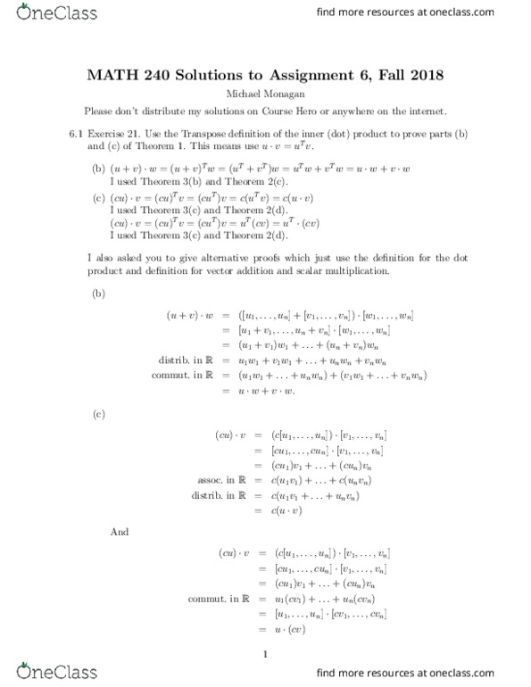 MATH 240 Lecture Notes - Lecture 24: Dot Product, Scalar Multiplication, Novella thumbnail