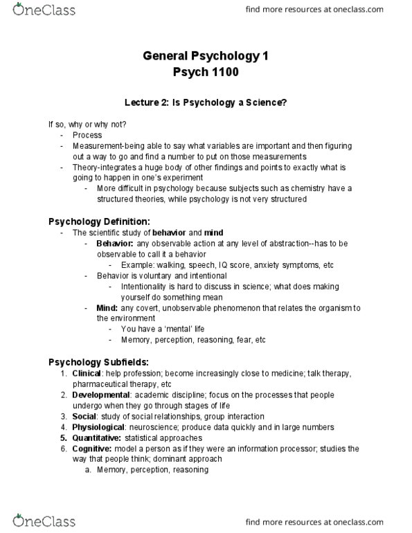 PSYC 1100 Lecture Notes - Lecture 2: Psychotherapy, Psych, Intentionality thumbnail