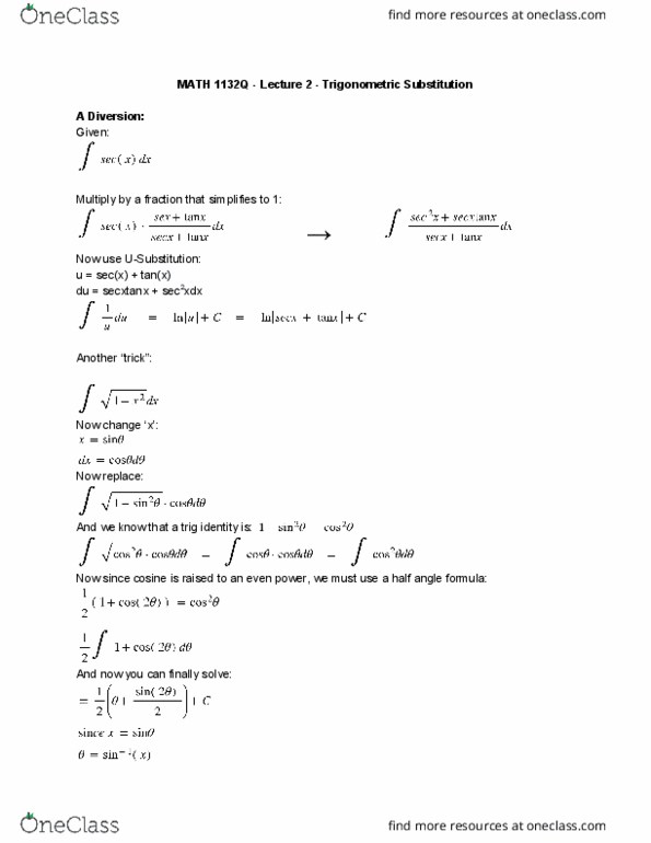 MATH 1132Q Lecture 2: Trigonometric Substitution cover image