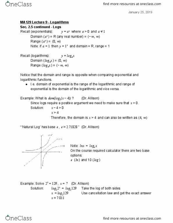 MA129 Lecture Notes - Lecture 9: Binary Logarithm cover image