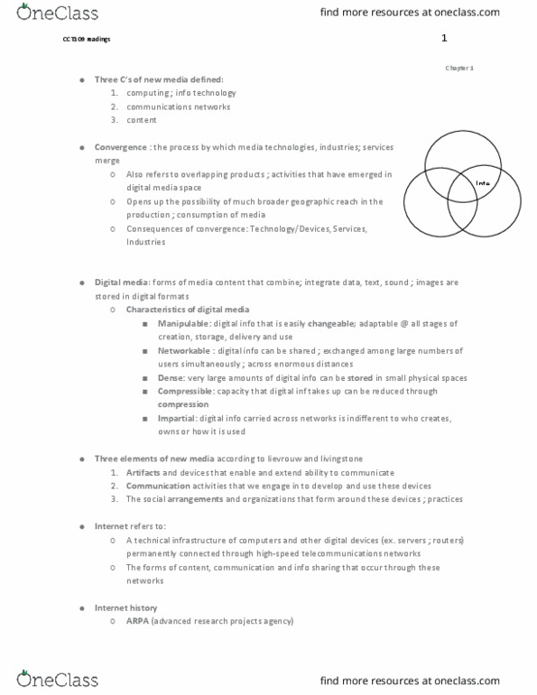 CCT109H5 Chapter Notes - Chapter 1-13: Computer Network, New Media, Communic thumbnail