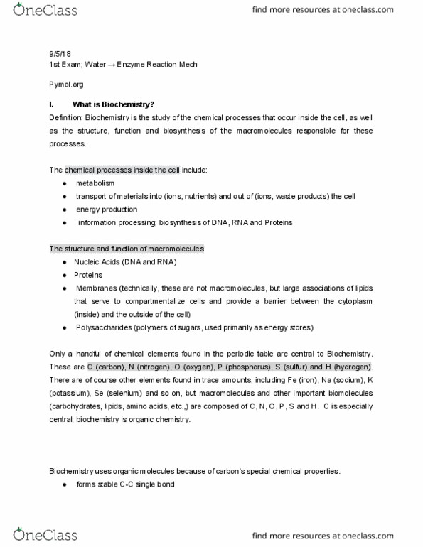 CMB 311 Lecture Notes - Lecture 1: Cellular Respiration, Organic Chemistry, Cell Nucleus thumbnail