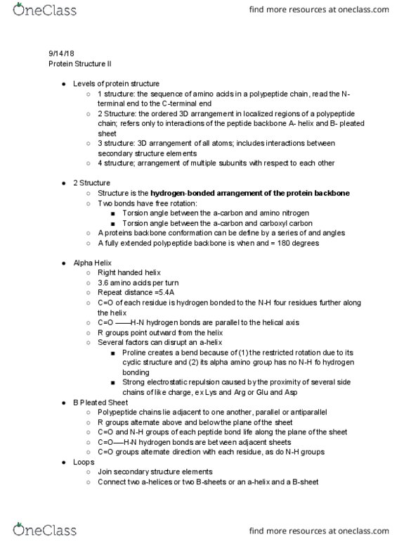 CMB 311 Lecture Notes - Lecture 4: Protein Structure, Hydrogen Bond, Amine thumbnail