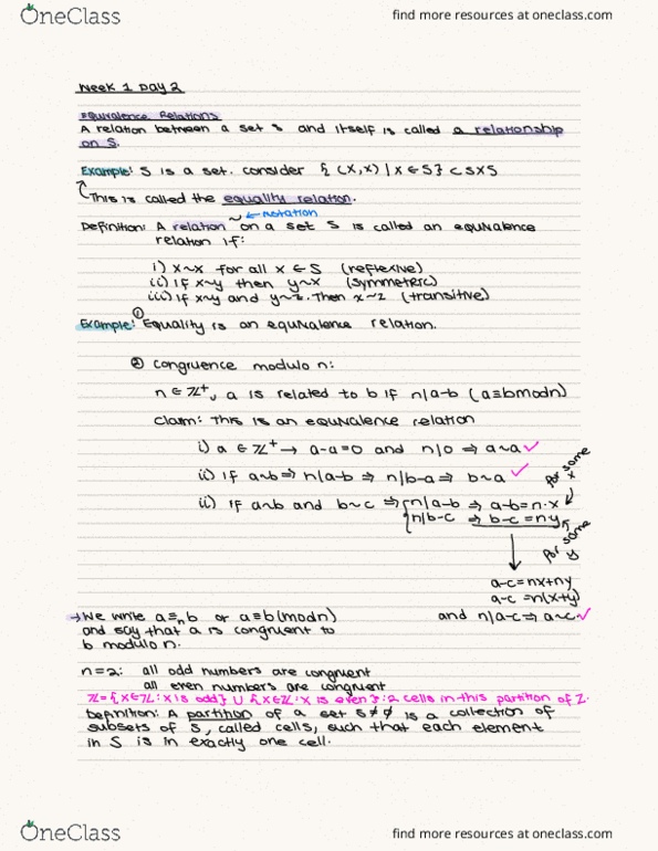 Math 113 Lecture 2 Equivalence Relations And Modulo Congruence Oneclass