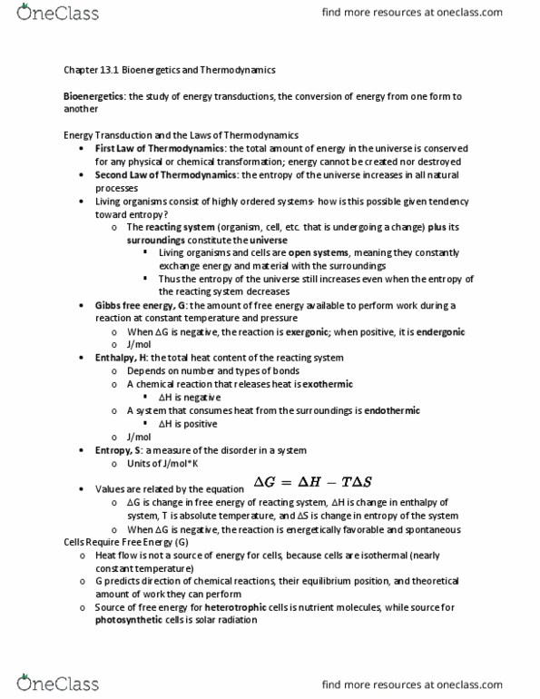 BIOL 301 Chapter Notes - Chapter 13.1: Jmol, Enthalpy, Thermodynamics thumbnail