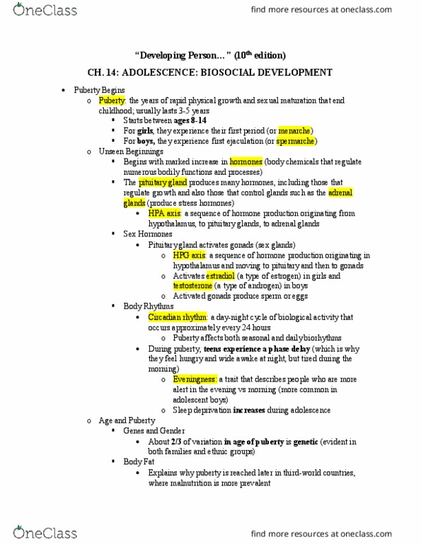 HDE 100B Chapter 14: Adolescence: Biosocial Development thumbnail