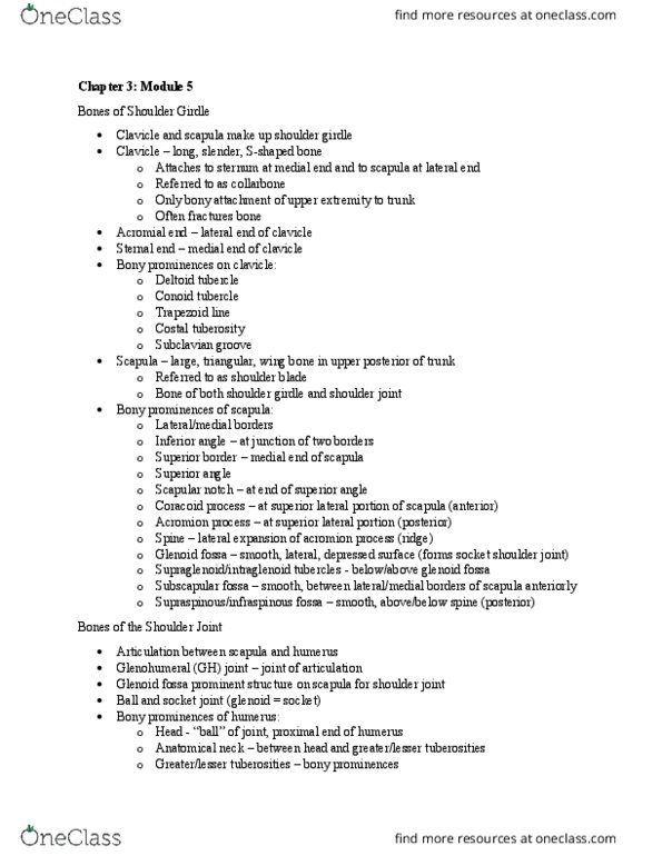 MOVESCI 230 Chapter Notes - Chapter 3: Clavicle, Deltoid Tuberosity, Shoulder Girdle thumbnail