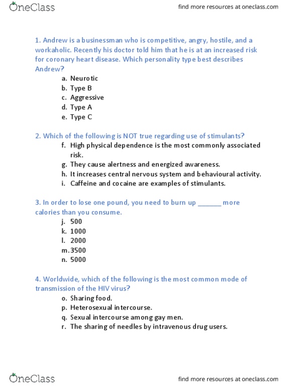 Psychology 35a B Study Guide Winter 19 Midterm Sexual Intercourse Caffeine Type A And Type B Personality Theory