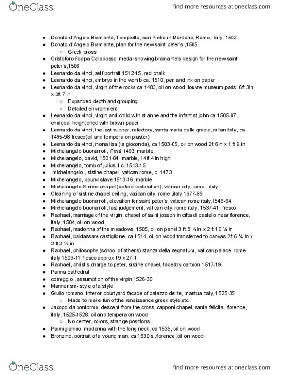 ARTH 070B Lecture Notes - Lecture 2: Santa Maria Delle Grazie (Milan), Sistine Chapel Ceiling, Santa Felicita, Florence thumbnail