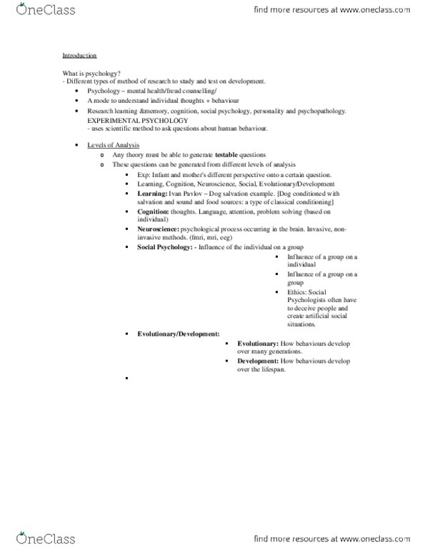 PSYCH 1X03 Lecture Notes - Scientific Method, Psychopathology, Classical Conditioning thumbnail