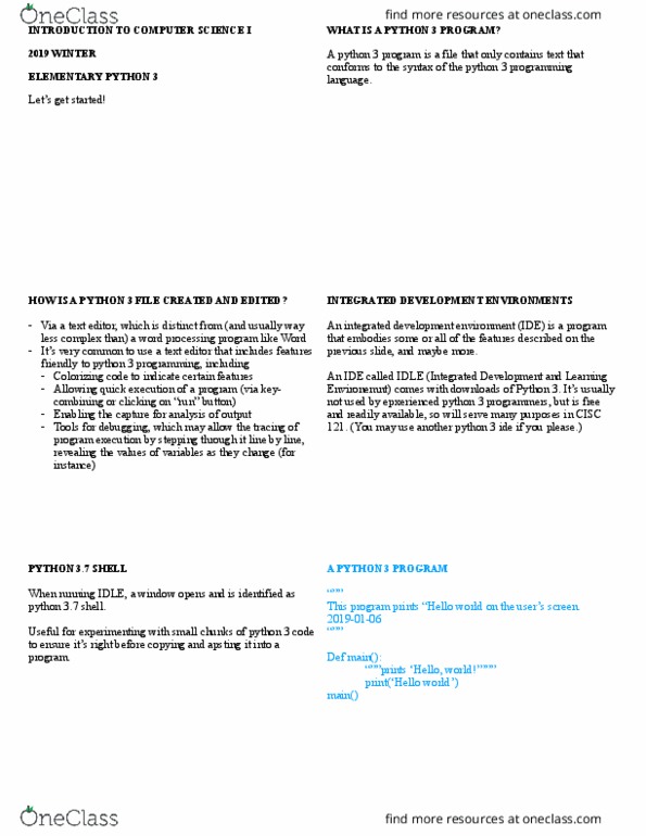 CISC 121 Lecture 1: intro to python 3, IDEs, shells, blank lines, comments, data vs code, data types, numbers, text, booleans, literals, variables cover image